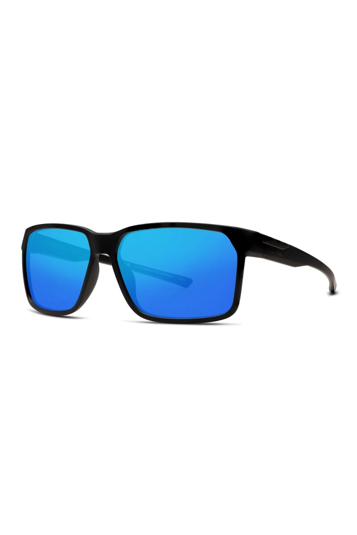The Liive Tazer Mirror Polar Sunglasses are black rectangular frames with vibrant blue mirror lenses, displayed at an angle against a white background.