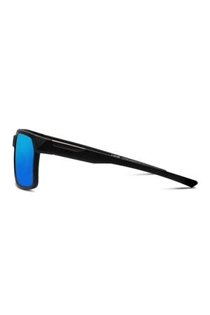 Side view of Liive Tazer Mirror Polar Sunglasses—black rectangular frame, blue mirror polarised lenses, and sleek straight arms—offering UV protection against a white background.