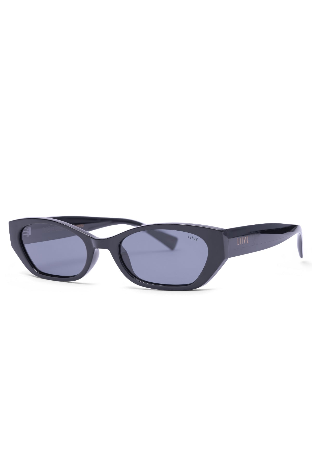 The Liive Tobes Polarised Sunglasses feature a black semi-cat-eye frame, tinted lenses, and "LIIVE" printed on the temples. Made from lightweight polycarbonate, they offer UV protection and are showcased on a white background.