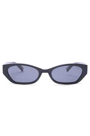 The Liive Tobes Polarised Sunglasses feature sleek black cat-eye frames and dark lenses, crafted from lightweight polycarbonate, set against a simple white background.