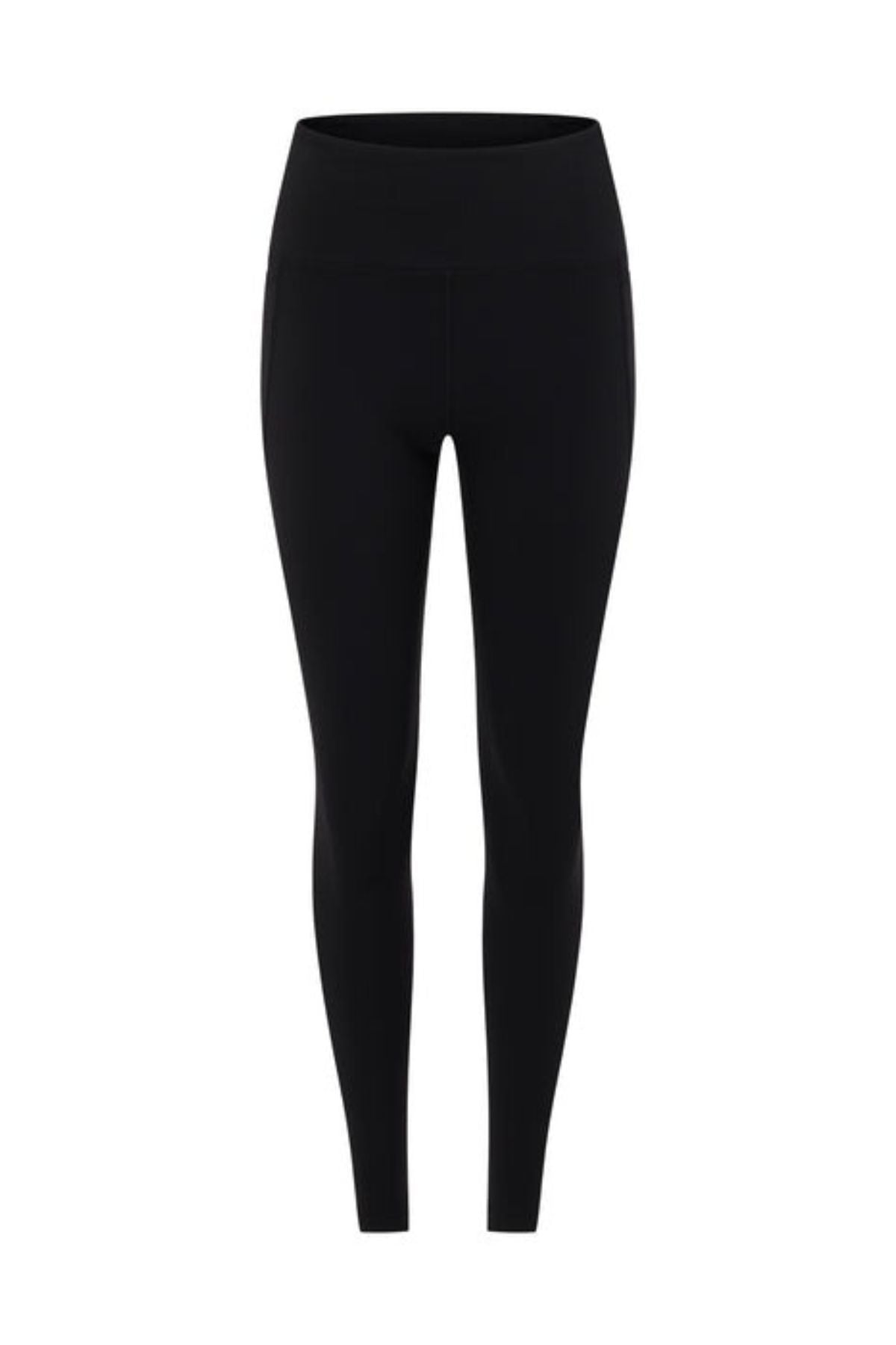 Lorna Jane Amy Phone Pocket Full Length Tech Leggings in black displayed on a white background. High-waisted, full-length, smooth and fitted design made from moisture-wicking fabric. No visible logos or patterns.