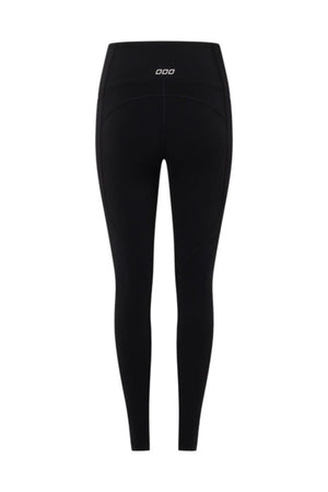 Back view of Lorna Jane Amy Phone Pocket Full Length Tech Leggings in black, featuring a high rise fit, small white logo by the waistband, and moisture-wicking fabric, shown on a plain white background.