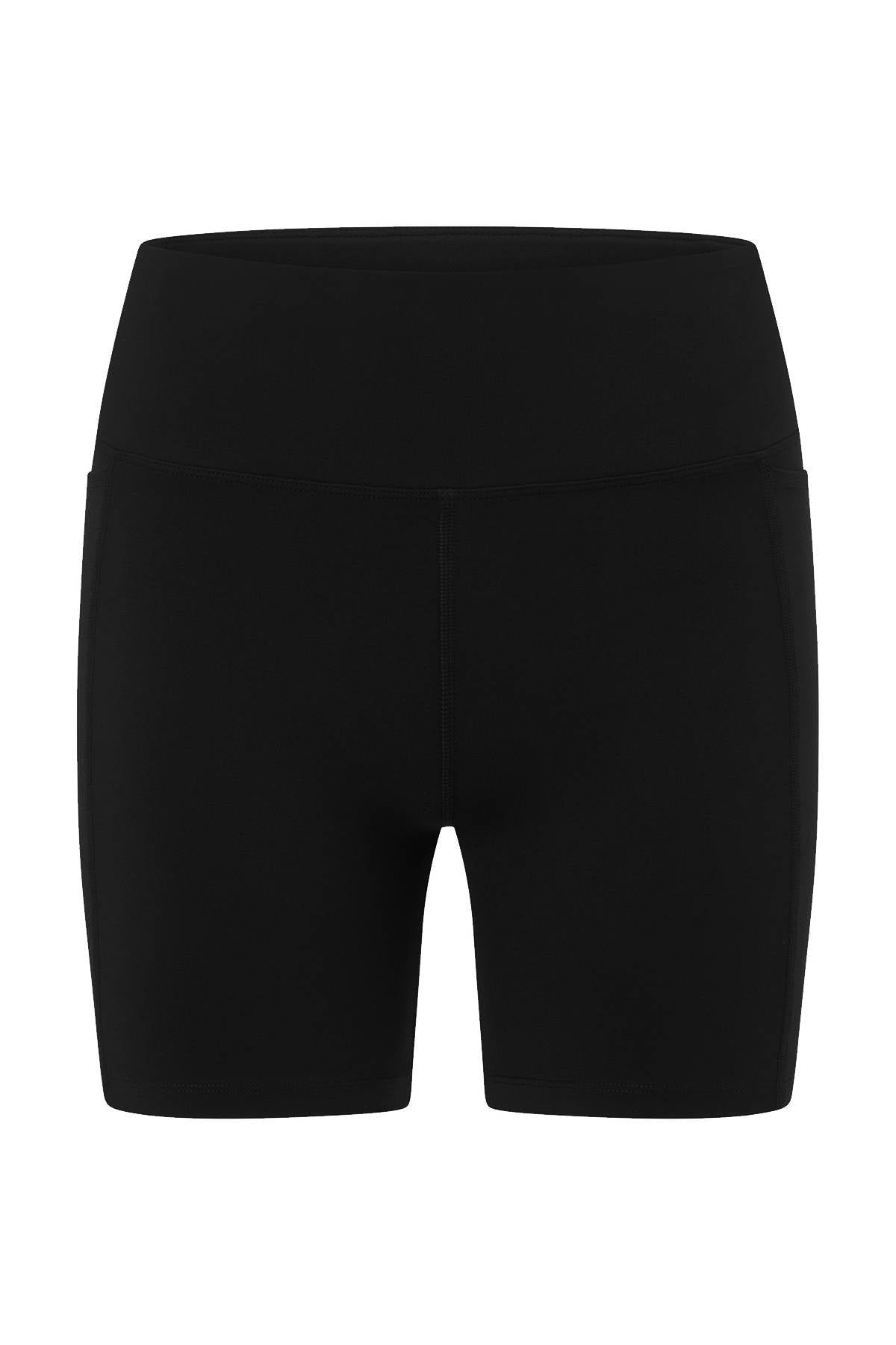 The Lorna Jane Amy Phone Pocket Tech Bike Shorts are black, high-waisted, fitted above the knee, with a wide waistband and moisture-wicking fabric. Shown on a plain white background.