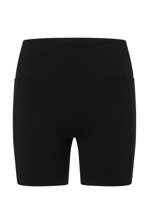 The Lorna Jane Amy Phone Pocket Tech Bike Shorts are black, high-waisted, fitted above the knee, with a wide waistband and moisture-wicking fabric. Shown on a plain white background.