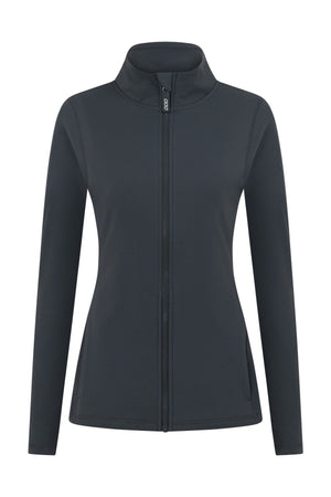 The Lorna Jane Amy Thermal Active Zip Through Jacket is a black, long-sleeved women’s jacket featuring a high collar, slim fit, and two front pockets. This full-zip thermal jacket is shown on a plain white background.