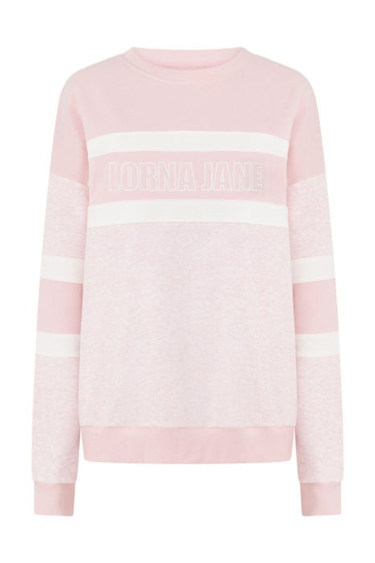 The Lorna Jane Dreamer Oversized Sweat in light pink features white stripes, "LORNA JANE" text across the chest, a crew neckline, ribbed cuffs and hem, and is made from a soft cotton blend terry for all-day comfort.