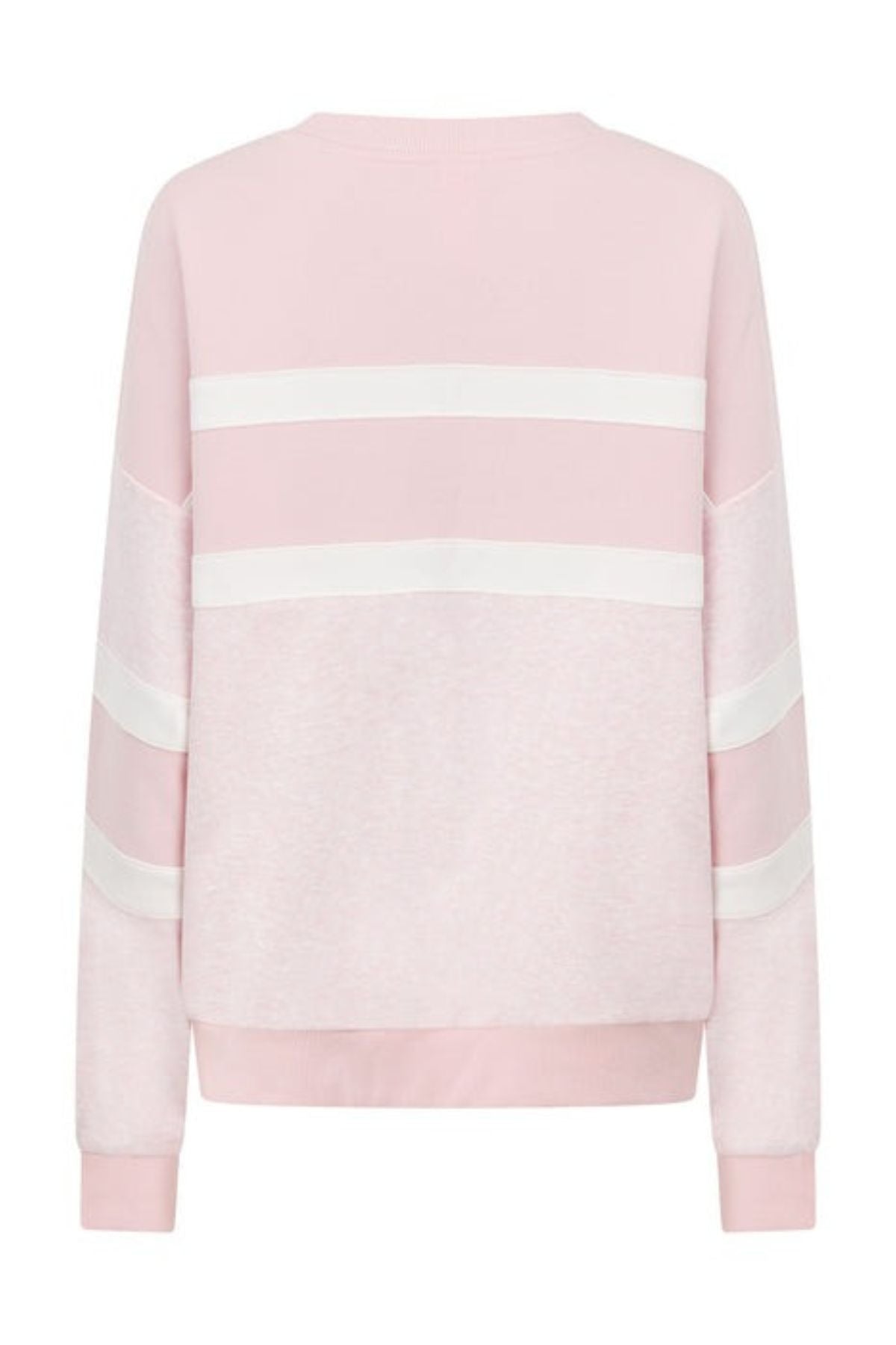 The Lorna Jane Dreamer Oversized Sweat is a light pink sweatshirt with white horizontal stripes on the back and sleeves. Made from soft cotton-blend terry, it features an oversized fit, crew neckline, ribbed cuffs, and hem.