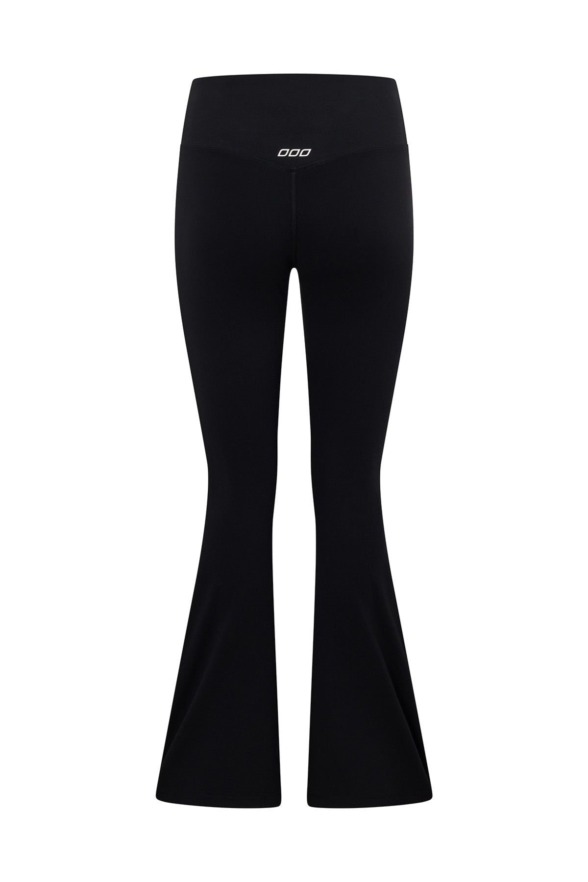 The Lorna Jane Lotus Flared Legging is a black, high-waisted flared legging with a small white logo on the waistband. Shown from the back against a white background, it features a flattering high-rise fit.