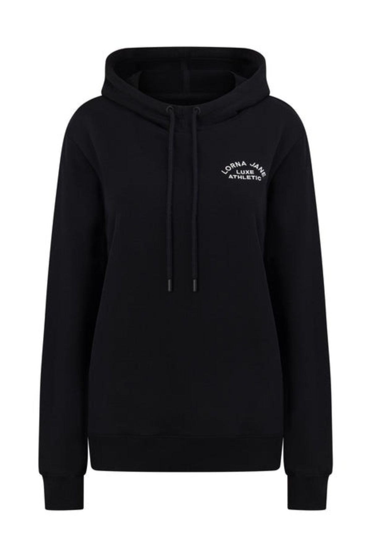 The Lorna Jane Lotus Hoodie is a black, lightweight hoodie made from a soft cotton blend. It features a drawstring hood, ribbed cuffs and hem, and a small white "Lorna Jane Athletic" logo on the left chest for timeless comfort and style.