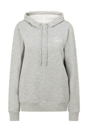 The Lorna Jane Lotus Hoodie is a light gray cotton-blend sweatshirt with drawstrings, long sleeves, ribbed hem and cuffs, breathable fabric, and a small white "Born A Star Athletics" logo on the left chest.