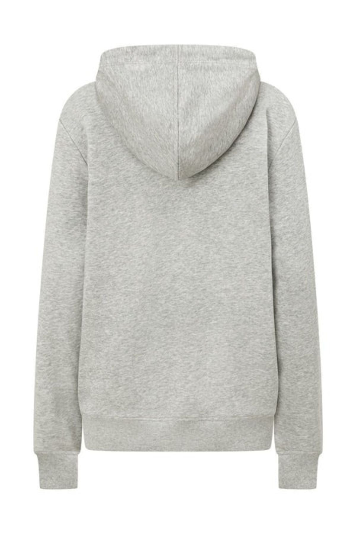 The Lorna Jane Lotus Hoodie is a light gray, breathable cotton-blend hoodie with a hood, long sleeves, ribbed cuffs and hem, shown from the back.