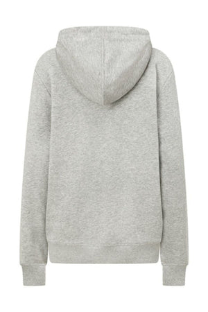 The Lorna Jane Lotus Hoodie is a light gray, breathable cotton-blend hoodie with a hood, long sleeves, ribbed cuffs and hem, shown from the back.