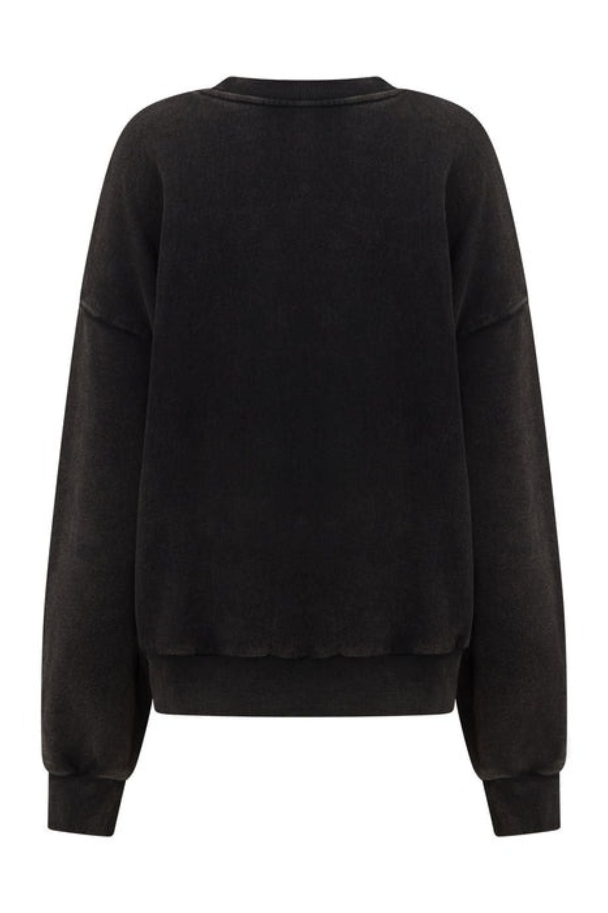 The Lorna Jane New Sport Washed Sweatshirt is shown from the back in plain black, featuring a crew neck, dropped shoulders, ribbed cuffs and hem, and a vintage-inspired oversized fit.