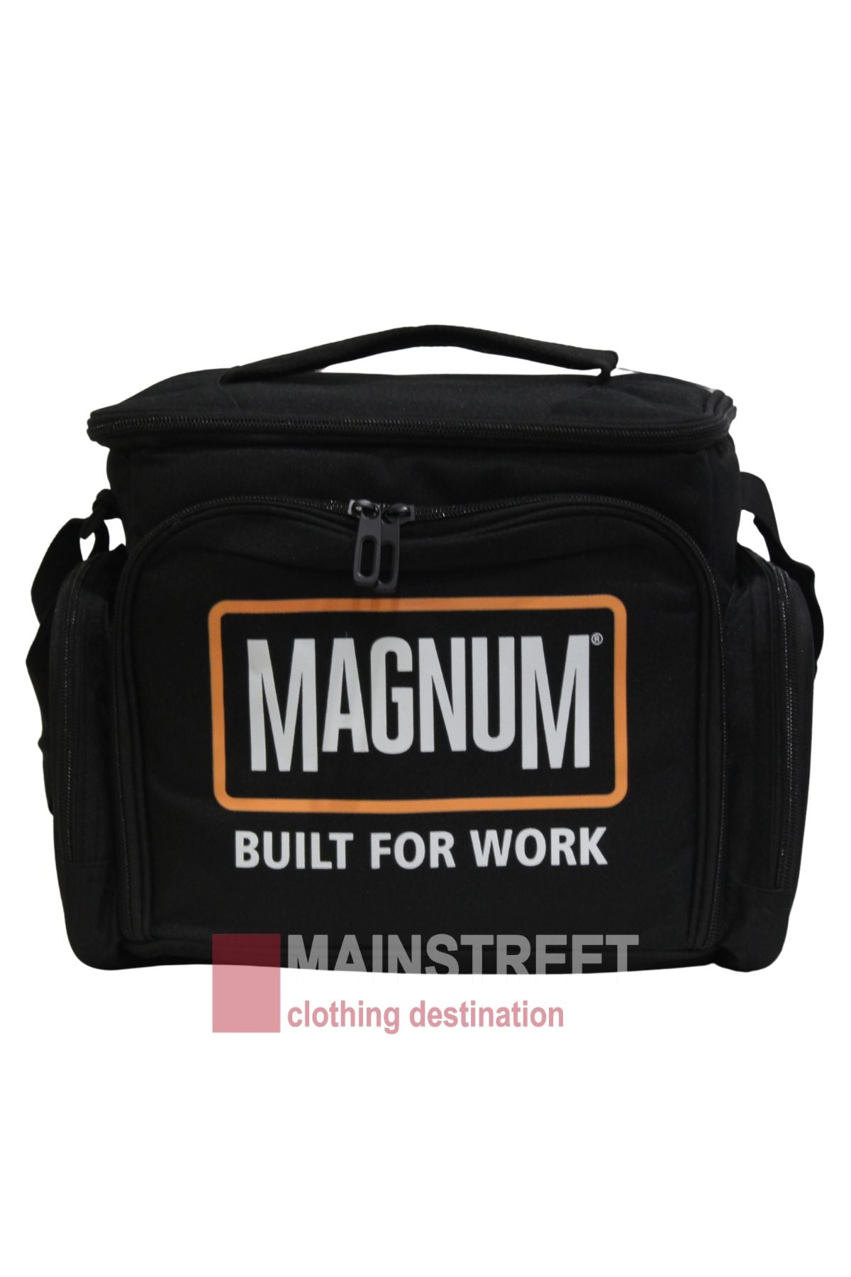 The Magnum Meal Bag is a black insulated lunch bag with "MAGNUM BUILT FOR WORK" printed in white and orange on the front. It features a top handle, side pockets, and is displayed against a white background.