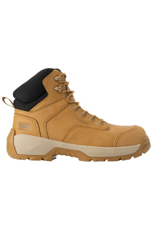 The Magnum Precision Max 2.0 Zip Side Waterproof Safety Boot MPM2W1 is a tan lace-up work boot with a thick beige slip-resistant sole and black padded ankle collar, shown from the side against a white background.