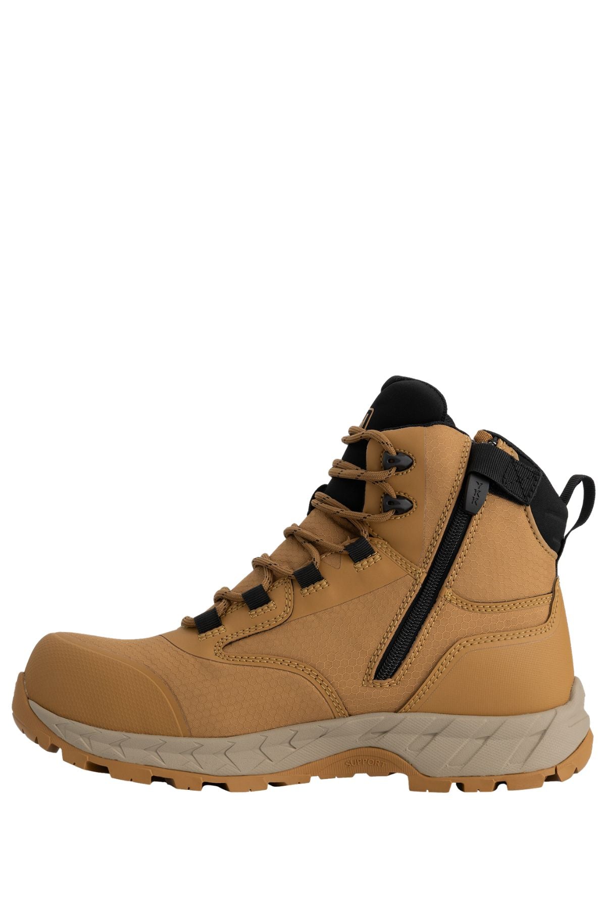The Magnum Precision Max LiteSpeed 6.0 Zip Side Waterproof Safety Boot MPLS6W is tan with black accents, sturdy laces, a side zipper, and rugged MICHELIN outsole for outdoor use, offering excellent arch support; shown from the side on a white background.