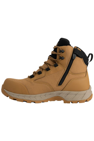 The Magnum Precision Max LiteSpeed 6.0 Zip Side Waterproof Safety Boot MPLS6W is a tan mid-top hiking boot with a black side zipper, rugged MICHELIN outsole, and brown laces, designed for outdoor use.