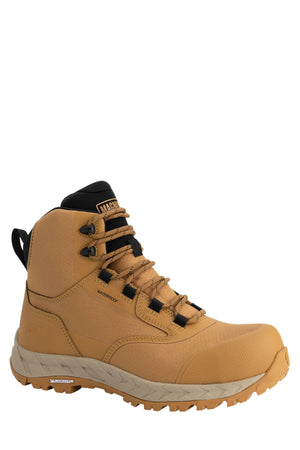 The Magnum Precision Max LiteSpeed 6.0 Zip Side Waterproof Safety Boot MPLS6W is a tan high-top work boot with black laces, metal eyelets, reinforced stitching, and a durable MICHELIN outsole—engineered for tough outdoor conditions.