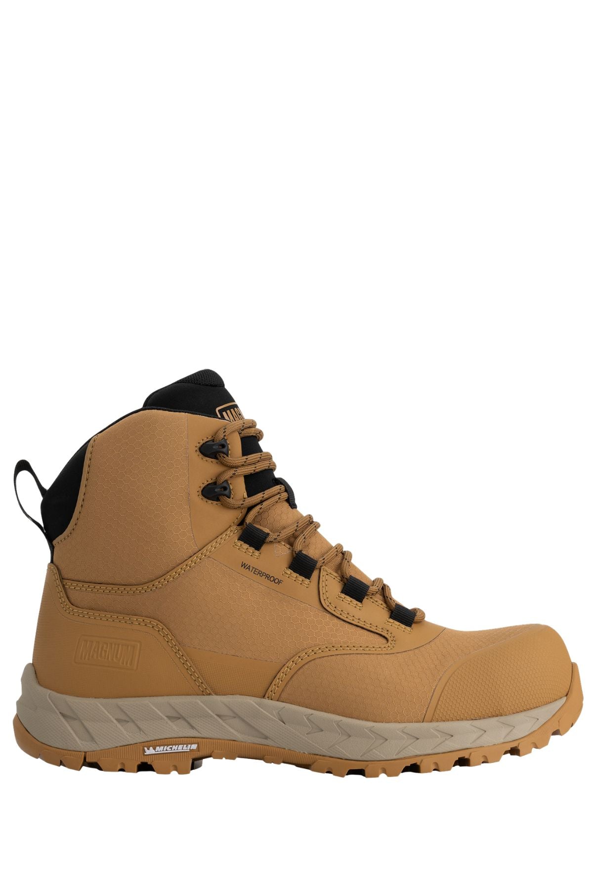 The Magnum Precision Max LiteSpeed 6.0 Zip Side Waterproof Safety Boot MPLS6W is shown in profile; this tan boot features black laces, a MICHELIN outsole, black padded collar, and enhanced arch support against a white background.