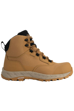 The Magnum Precision Max LiteSpeed 6.0 Zip Side Waterproof Safety Boot MPLS6W is a tan high-top boot with black laces and collar, MICHELIN outsole, rugged rubber sole, and reinforced toe, shown side view on a plain white background.