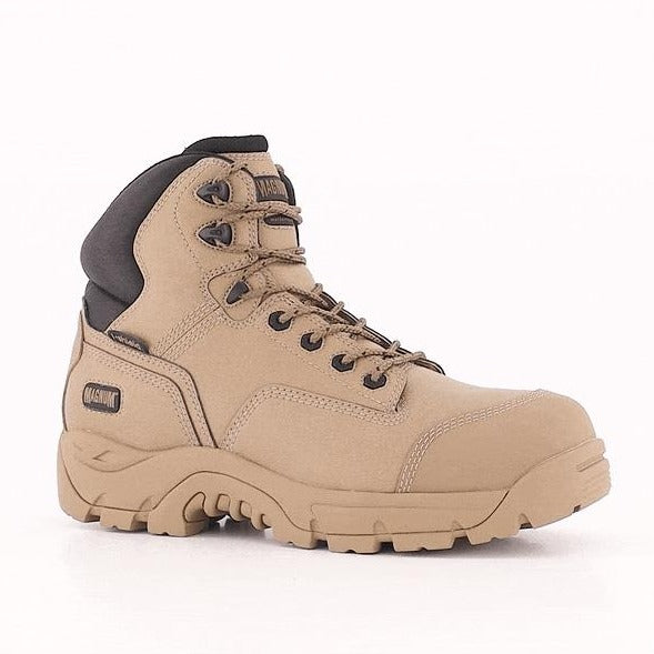 The Magnum Precision Max Zip Sided Waterproof Safety Boot MPN150 is a tan, mid-height waterproof work boot with a black padded collar and high traction outsole. It features metal eyelets and sturdy laces, along with reinforced stitching for durability. The safety toe and brand logo on the side emphasize quality and heavy-duty use.