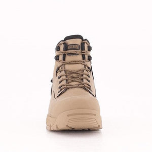 Front view of a tan Magnum Precision Max Zip Sided Waterproof Safety Boot MPN150. The boot is equipped with sturdy laces, metal eyelets, a reinforced safety toe cap, and a thick, high-traction outsole designed for rugged terrain. The logo "MAGNUM" is prominently displayed on the tongue above the laces.