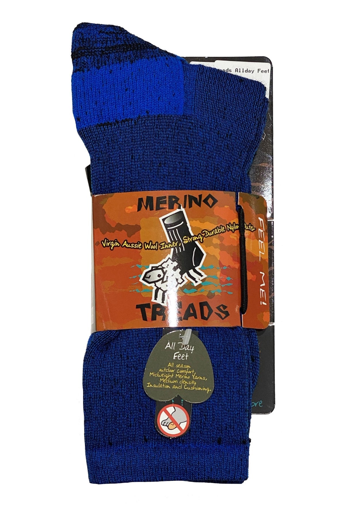Merino Treads Allday Feet: Australian-made blue socks in packaging with an orange label showing a white sheep in a black hat. Label features “Virgin Aussie Wool Inside” and “All Day Feet” comfort—ideal premium work socks.