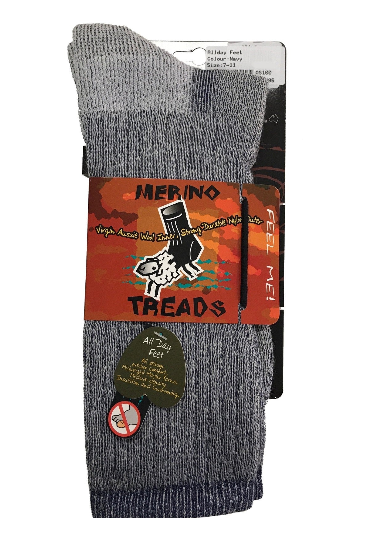 A pair of grey Merino Treads Allday Feet Merino wool socks with a colorful sheep-in-boots label promoting comfort, durability, and moisture-wicking. Features a "Feel Me!" flap, no-slip warning, and is Australian made premium quality.