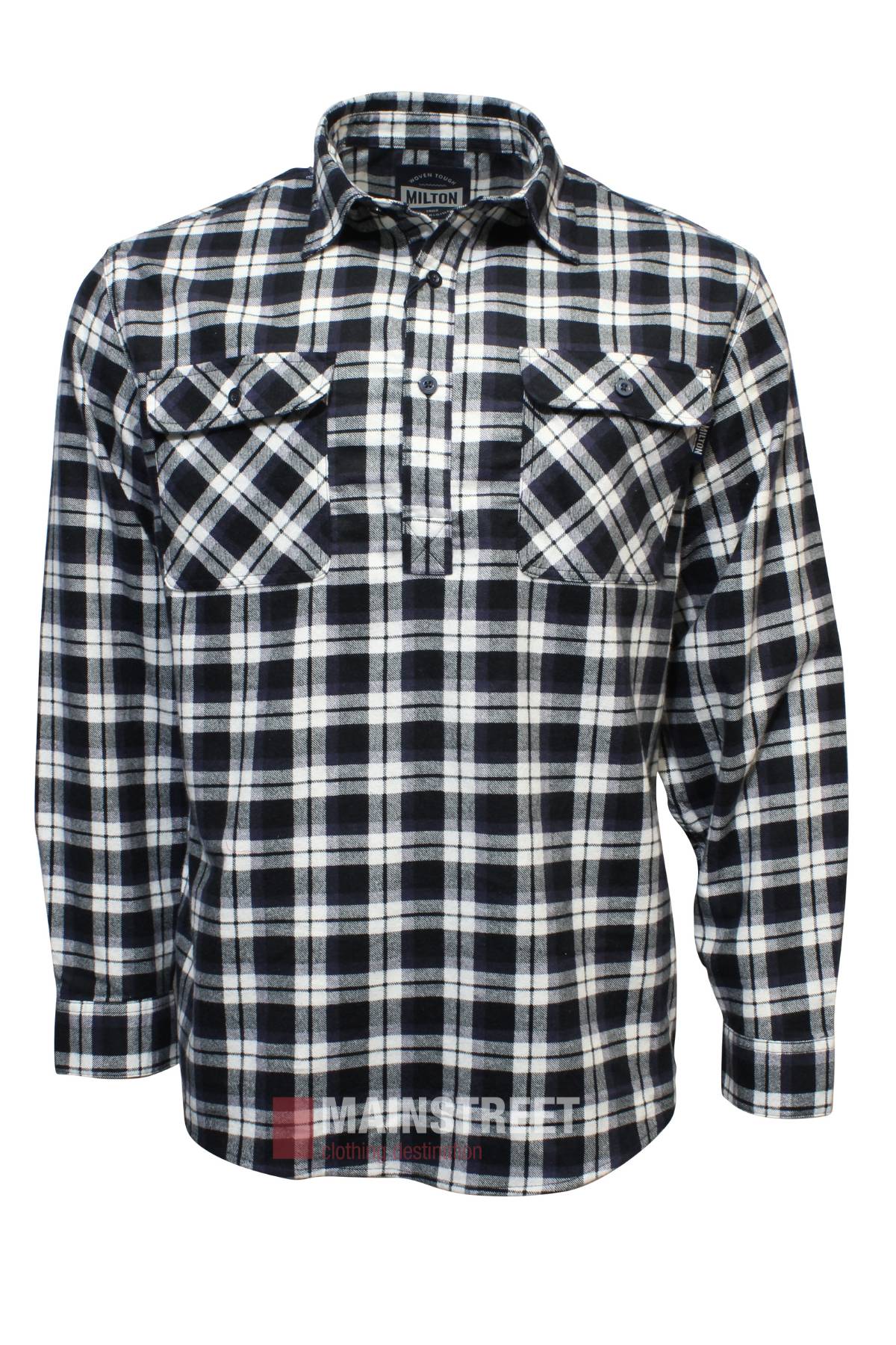 The Milton Closed Front Flannelette Shirt is a high-quality cotton, long-sleeved shirt in black, white, and gray with double pockets and button closures, shown on a white background.