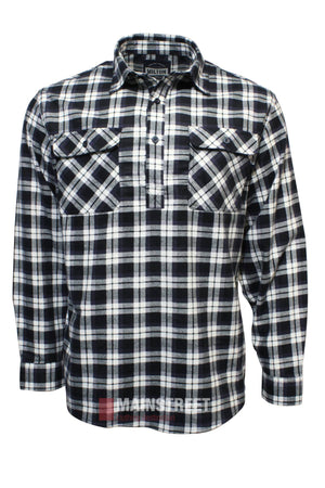 The Milton Closed Front Flannelette Shirt is a high-quality cotton, long-sleeved shirt in black, white, and gray with double pockets and button closures, shown on a white background.