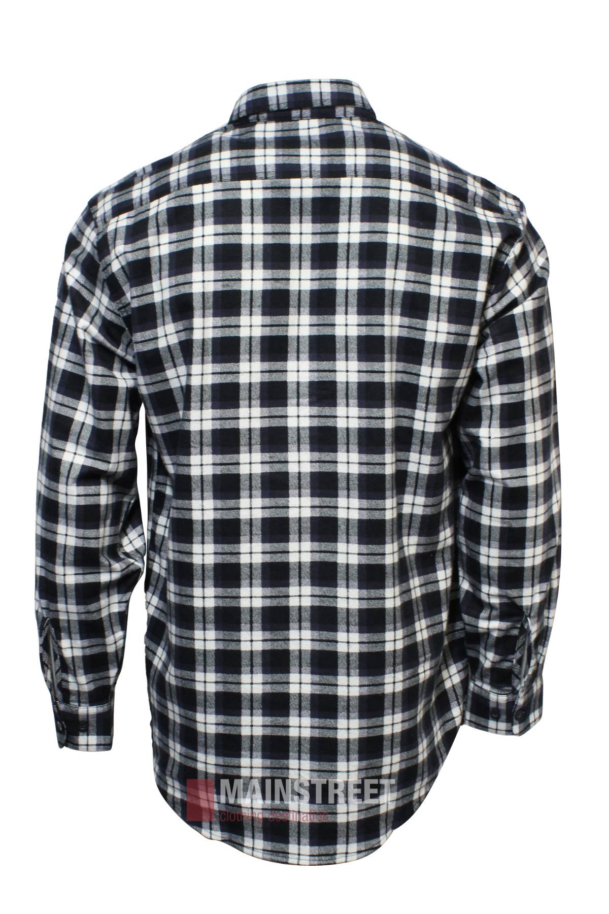 The Milton Closed Front Flannelette Shirt is shown from the back in a black and white plaid. Crafted from high-quality cotton, it features buttoned cuffs, a straight hem, and double pockets for style and function.