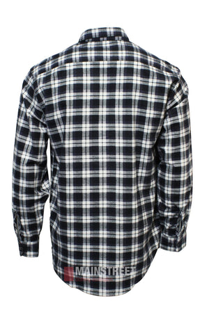 The Milton Closed Front Flannelette Shirt is shown from the back in a black and white plaid. Crafted from high-quality cotton, it features buttoned cuffs, a straight hem, and double pockets for style and function.