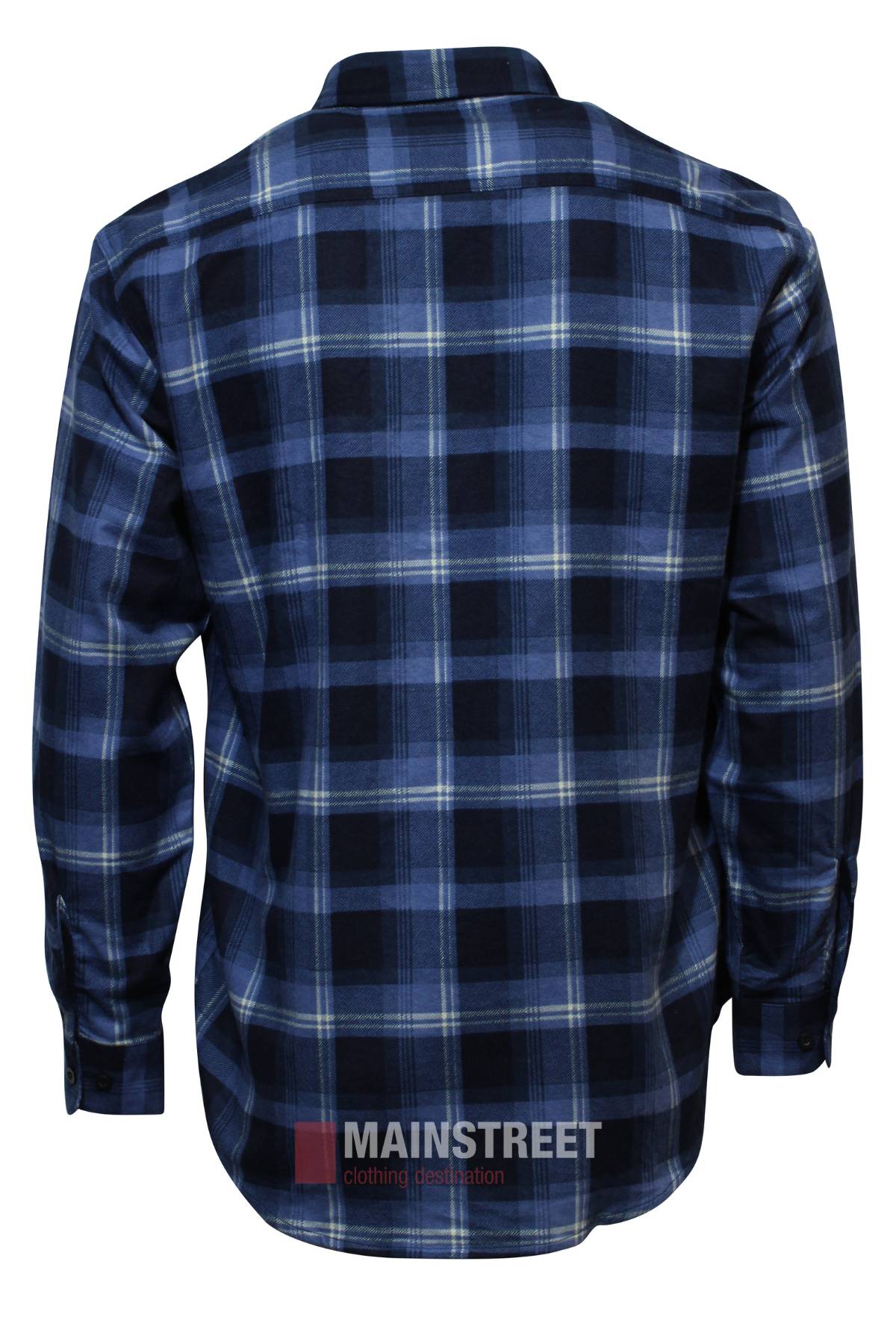 The Milton Closed Front Flannelette Shirt, featuring long sleeves and a blue and black plaid pattern, is displayed from the back, laid flat. Made of high-quality cotton, the "MAINSTREET clothing destination" logo is visible at the bottom.