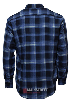 The Milton Closed Front Flannelette Shirt, featuring long sleeves and a blue and black plaid pattern, is displayed from the back, laid flat. Made of high-quality cotton, the "MAINSTREET clothing destination" logo is visible at the bottom.