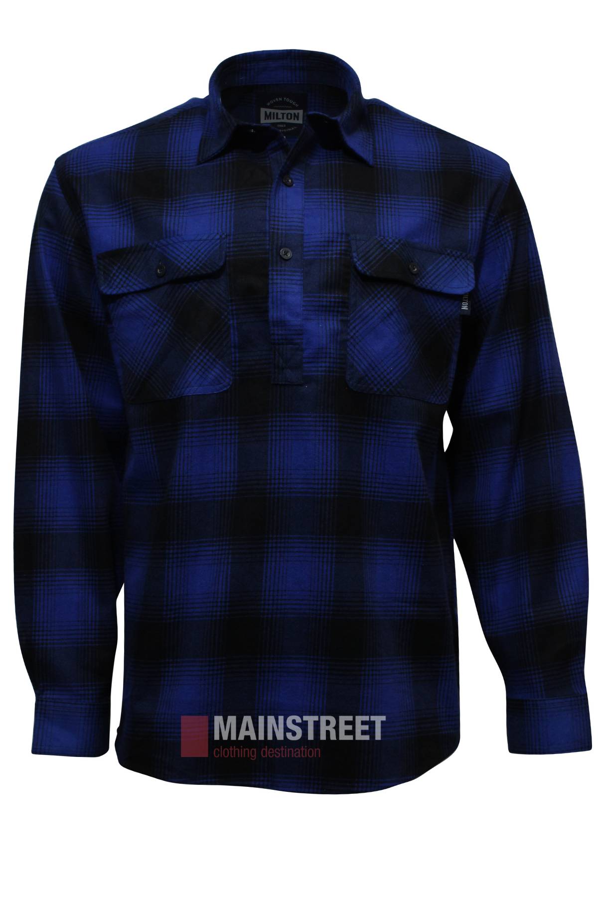 The Milton Closed Front Flannelette Shirt, made from premium cotton with a blue and black plaid design, features chest double pockets, long sleeves, and a classic collar. Displayed on a plain white background.