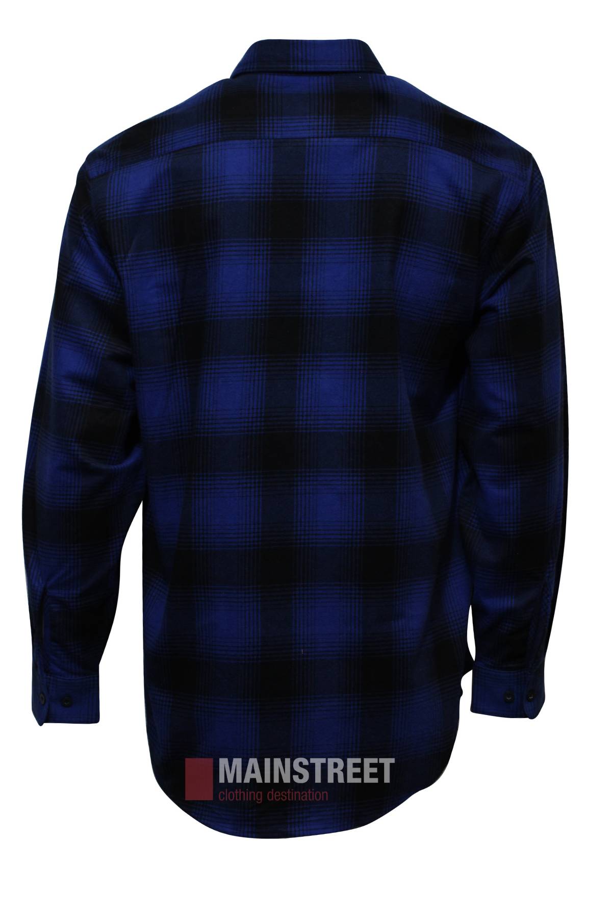 The back view shows the Milton Closed Front Flannelette Shirt in blue and black plaid, featuring buttoned cuffs, the "MAINSTREET" logo at the bottom center, and made from high-quality cotton.