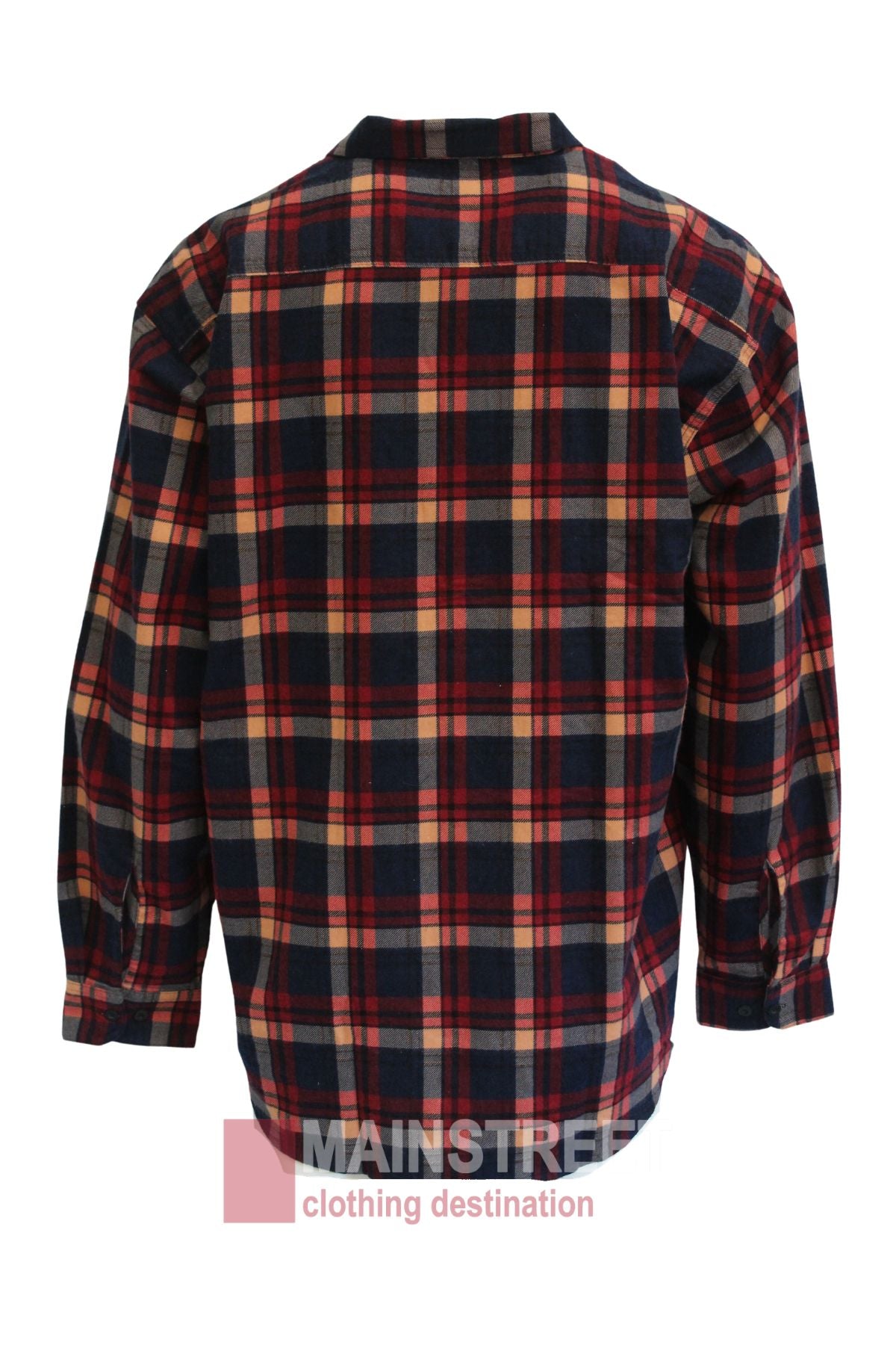 The Milton Closed Front Flannelette Shirt features long sleeves and a red, navy, beige, and black plaid pattern. Shown from the back, this casual shirt offers a comfortable flannelette style.