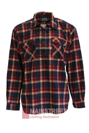 The Milton Closed Front Flannelette Shirt is a long-sleeve, button-up flannel with red, navy, and beige plaid, two chest pockets with buttoned flaps, and the "Mainstreet clothing destination" logo at the hem.