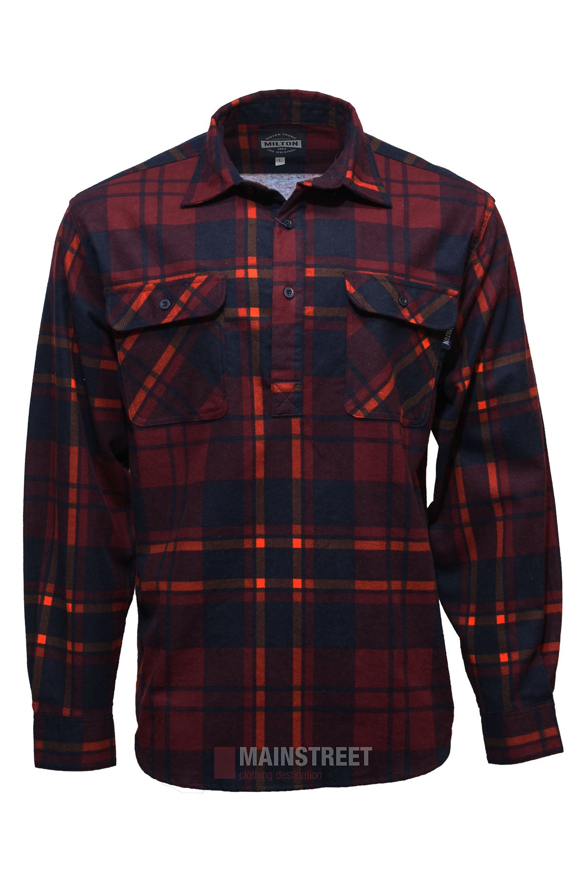 The Milton Closed Front Flannelette Shirt is a long-sleeve, button-up made from high quality cotton with a red, navy, and orange plaid pattern, double chest pockets, and a classic collar.