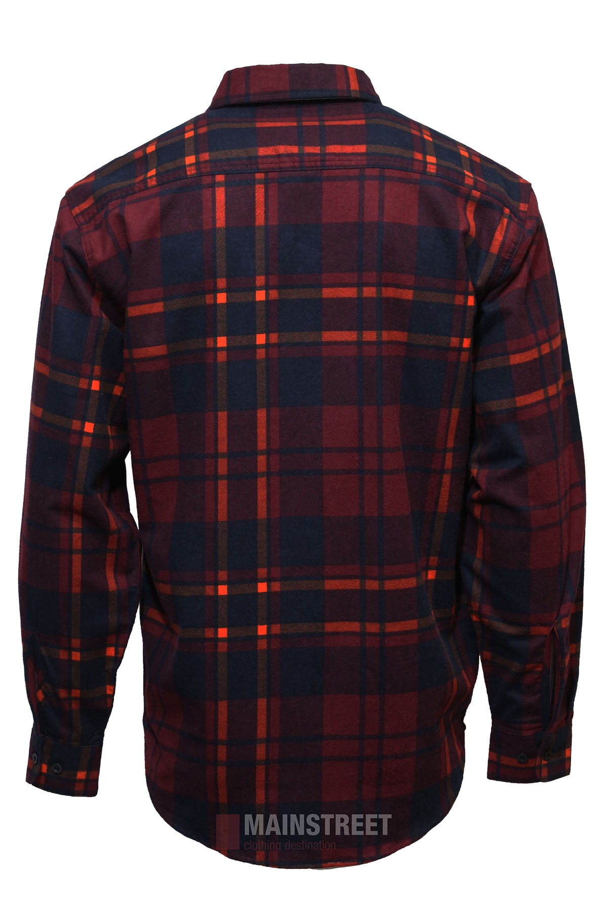 The Milton Closed Front Flannelette Shirt features red, navy, and orange plaid, long sleeves, a collar, buttoned cuffs, and high-quality cotton. Shown from the back for a classic flannelette look.
