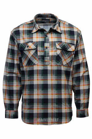 The Milton Closed Front Flannelette Shirt is a long-sleeved, button-up made of high-quality cotton, featuring a green, black, orange, and white plaid design with double front chest pockets and buttoned flaps.
