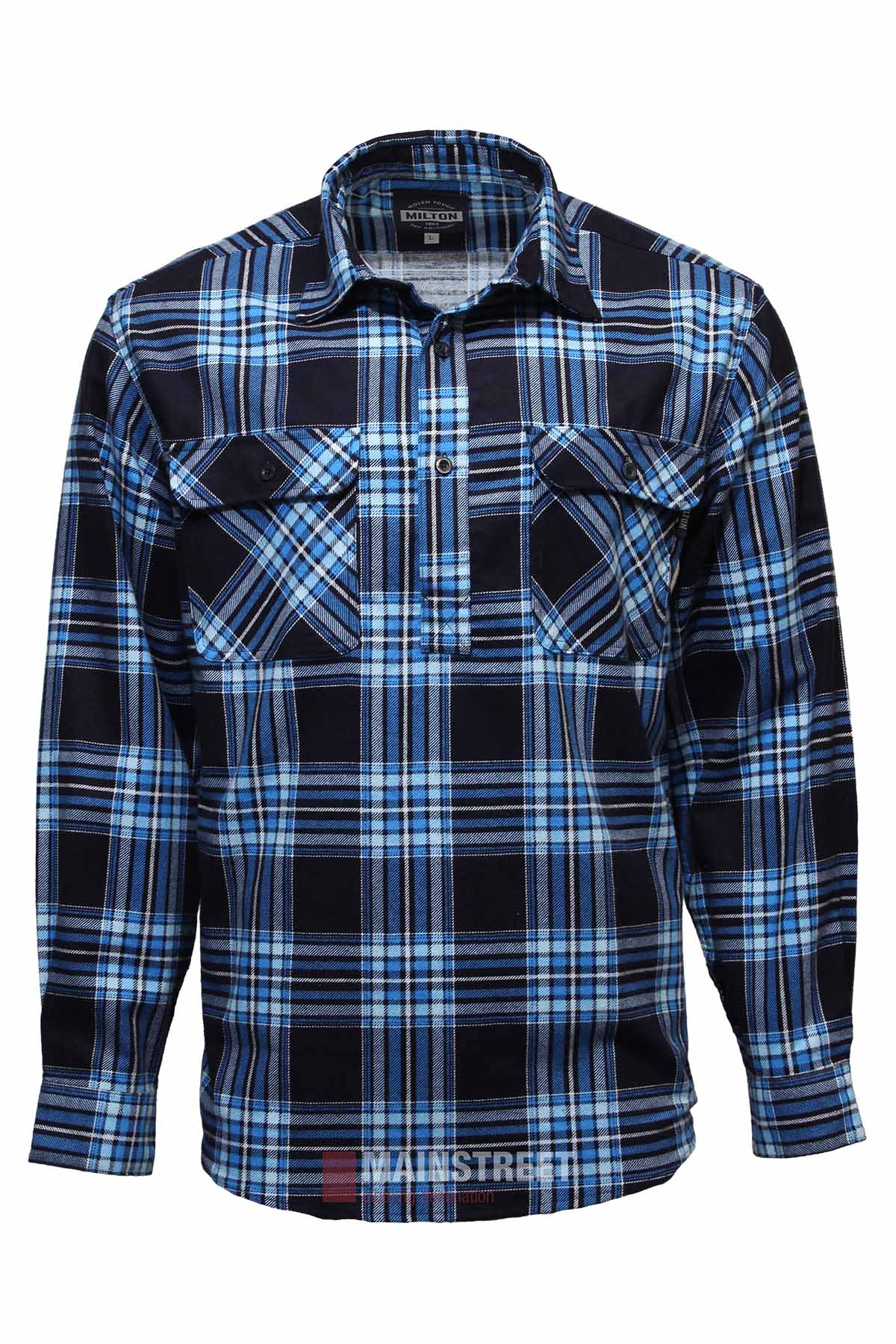 The Milton Closed Front Flannelette Shirt features long sleeves, high-quality cotton, a blue/black/white plaid pattern, and double chest pockets with button flaps.