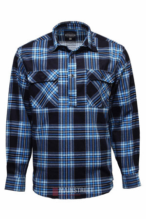 The Milton Closed Front Flannelette Shirt features long sleeves, high-quality cotton, a blue/black/white plaid pattern, and double chest pockets with button flaps.
