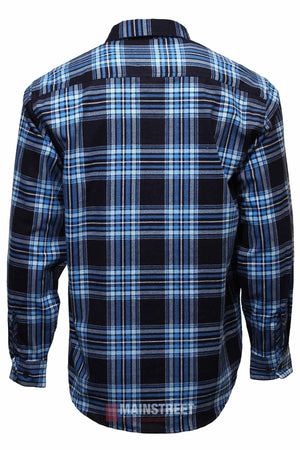 Back view of the Milton Closed Front Flannelette Shirt, long-sleeved and made from high-quality cotton, featuring a blue, white, and black plaid pattern with a collar and buttoned cuffs.