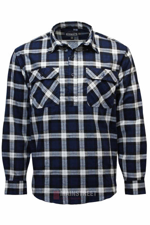 The Milton Closed Front Flannelette Shirt features a blue, white, and black plaid design, double chest pockets, and is made from high quality cotton. It is displayed on a plain white background.
