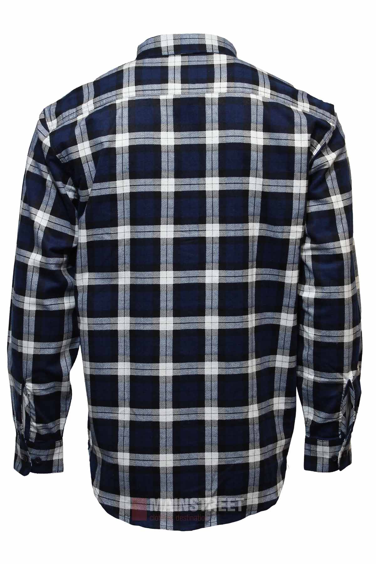 The Milton Closed Front Flannelette Shirt features a navy, white, and black plaid pattern, shown from the back. Made of high quality cotton, it has buttoned cuffs, a classic collar, and double pockets for style.
