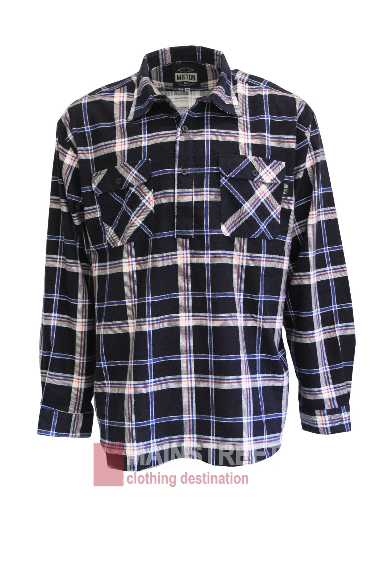 The Milton Closed Front Flannelette Shirt is a long-sleeve, button-up with black, white, and blue plaid and two chest pockets featuring a diagonal plaid pattern.