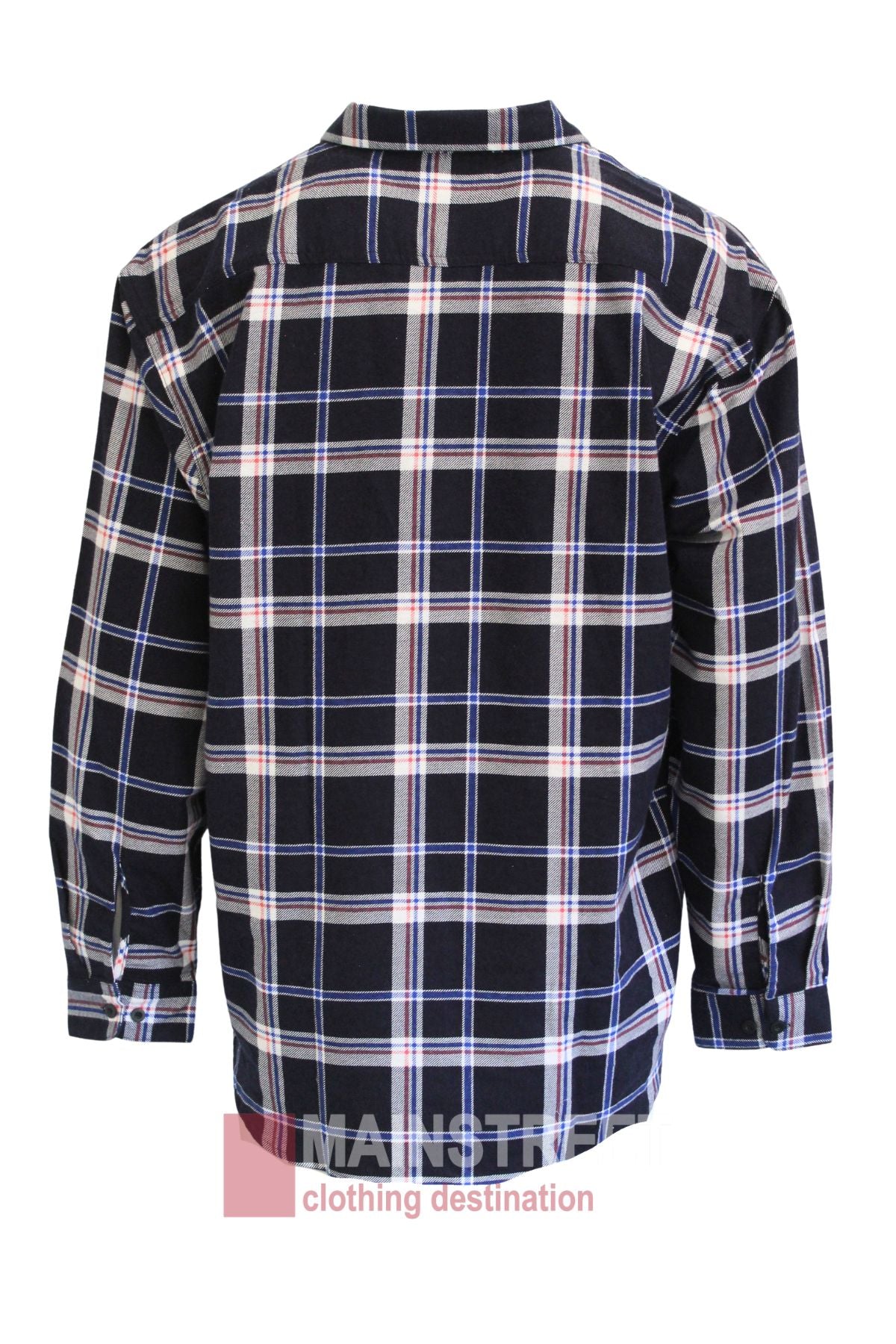 The Milton Closed Front Flannelette Shirt is a long-sleeved, black cotton shirt with a white, blue, and red plaid pattern, shown from the back. This classic button-up is displayed against a plain white background.