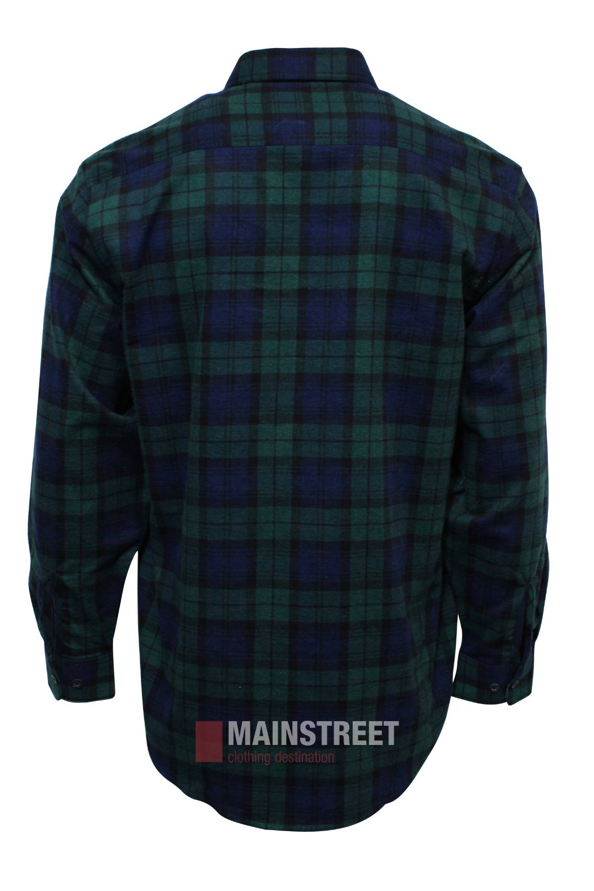 The Milton Closed Front Flannelette Shirt is shown from the back in green and navy blue plaid with buttoned cuffs, made from high quality cotton and featuring the MAINSTREET clothing logo at the hem.