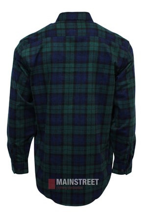The Milton Closed Front Flannelette Shirt is shown from the back in green and navy blue plaid with buttoned cuffs, made from high quality cotton and featuring the MAINSTREET clothing logo at the hem.